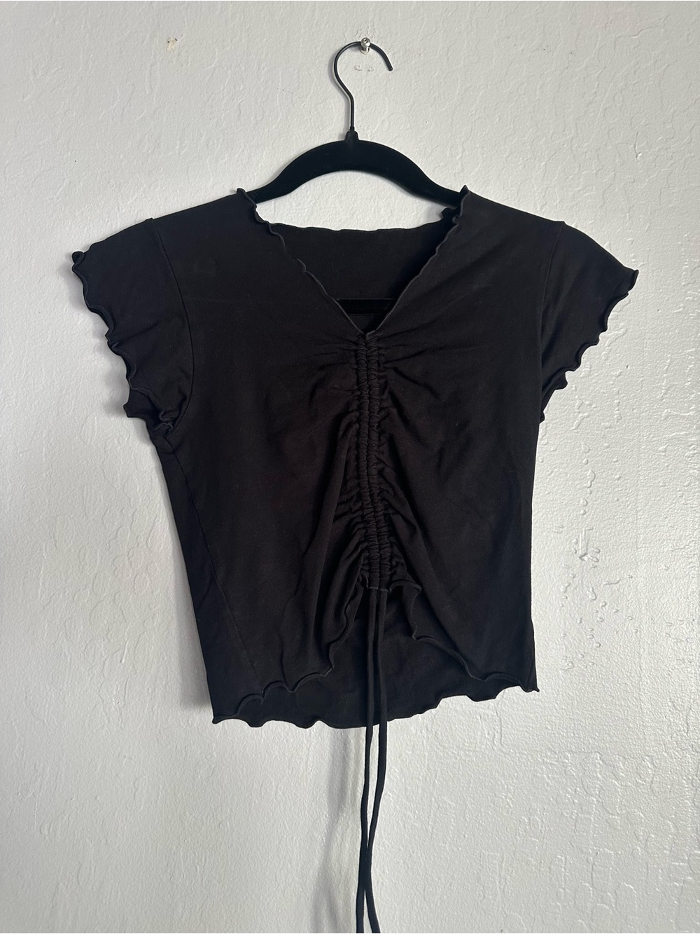Black Ruched Drawstring V-Neck Women's Top